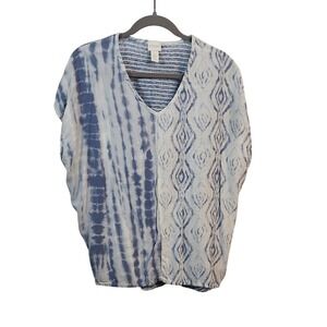 CHICOS Women Blue White Tie Dye Diamond Print V Neck Top Shirt‎ Size 2 (US 12)